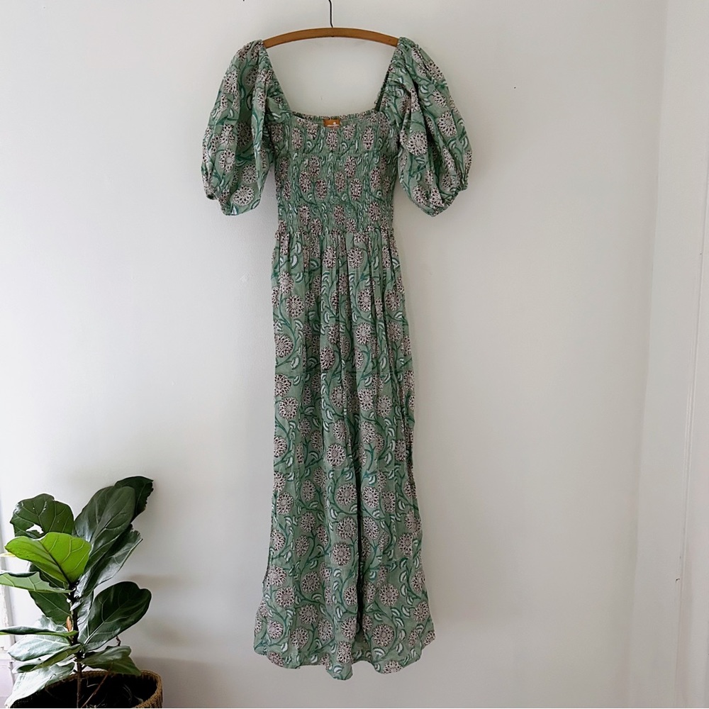 Karibi India Block Print Smocked Nap Dress Sz XS